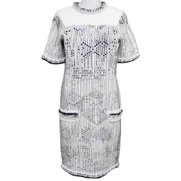 CHANEL Sweater Dress White Knit Metallic Short Sleeve Silver Blue 14S 2014 Sz 40 - Picture 1 of 12